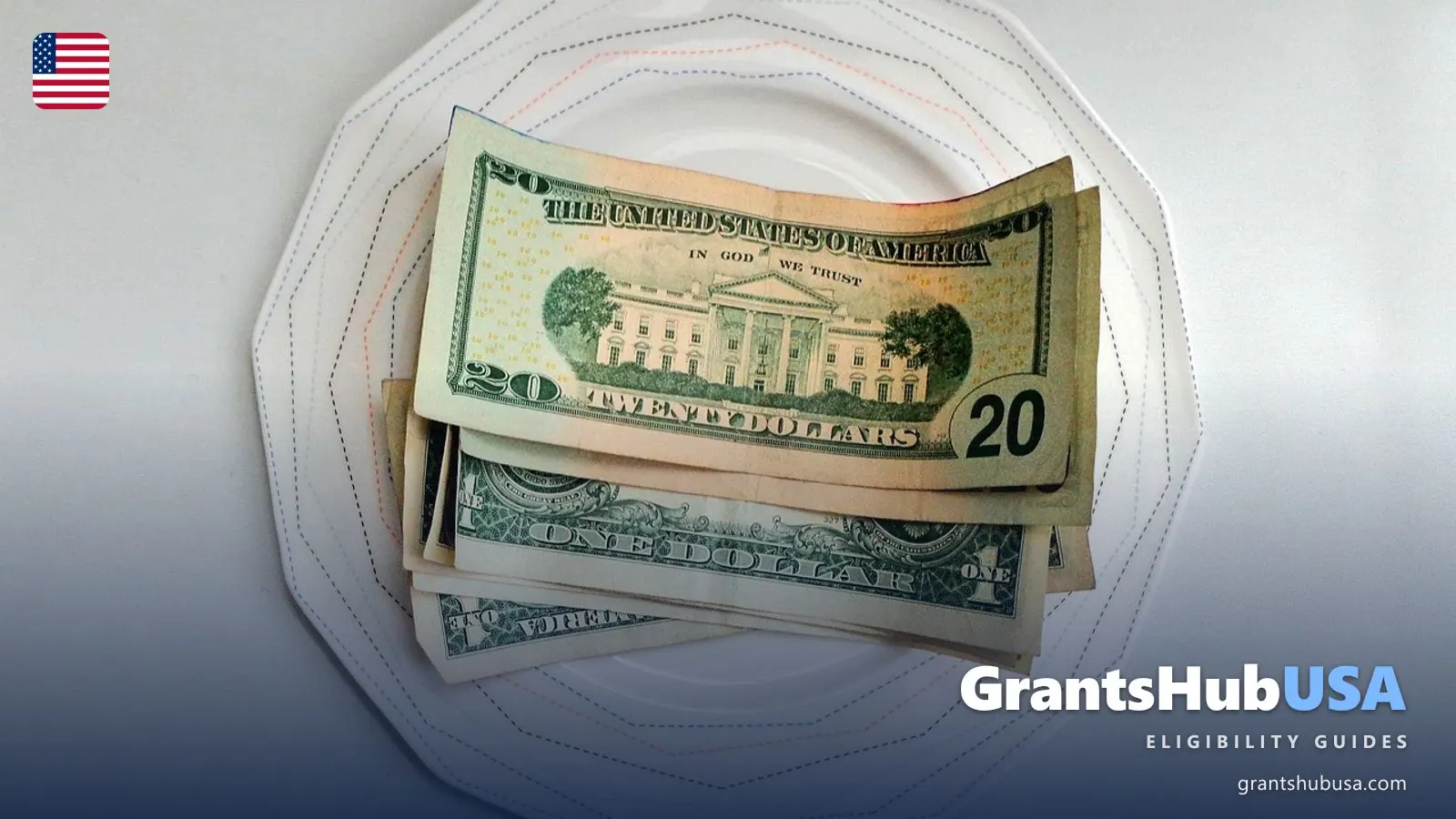 Cash tip of twenty and one dollar bills left on a white restaurant plate