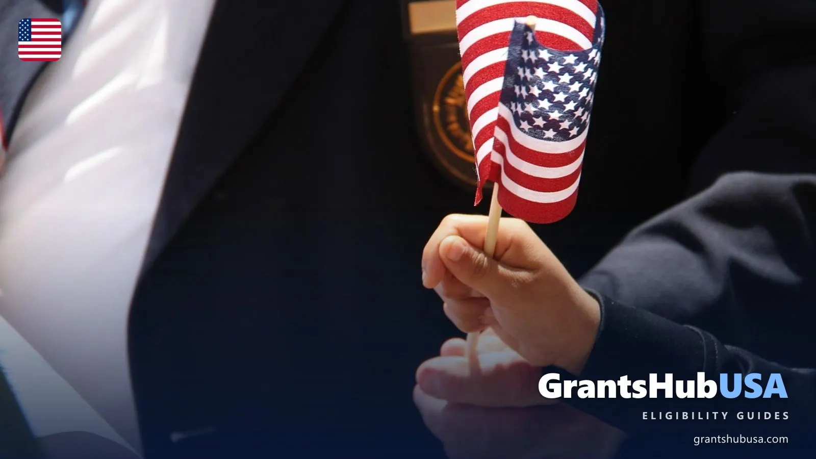 A veteran and a child holding a small American flag together, illustrating whether veterans can get Medicaid alongside VA health care. GrantsHubUSA veterans guide.